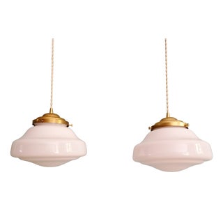 Art Deco Pendant Lights in White Opaline Glass, 1930s, Set of 2 For Sale