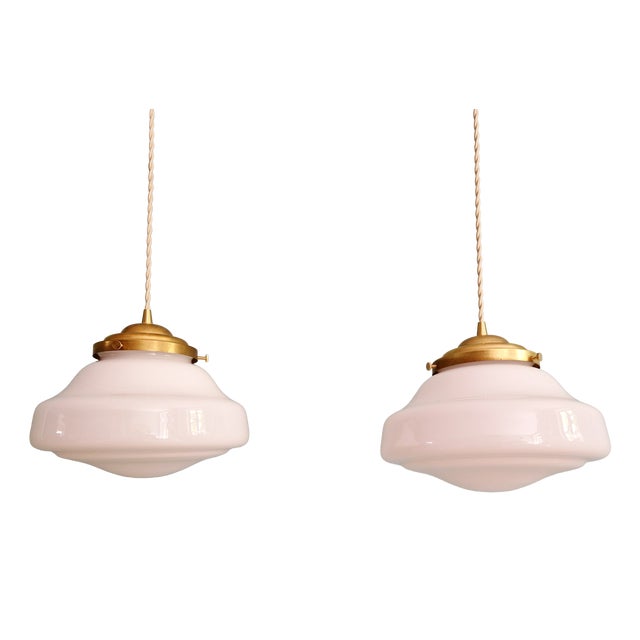 Art Deco Pendant Lights in White Opaline Glass, 1930s, Set of 2 For Sale