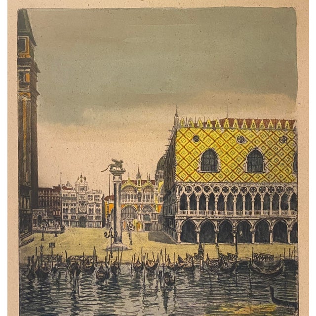 Art Deco Impressive Colored Etching Venice Italy Doges Palace Manner of Canaletto, Signed For Sale - Image 3 of 8