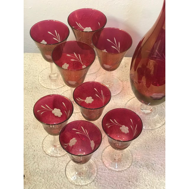 1930s Cranberry Red Etched Glass Decanter and Glass Stemware Set of 13 Chairish