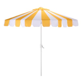 Meze 9 Ft Crank Umbrella, Yellow Cabana Stripe/White Pole For Sale