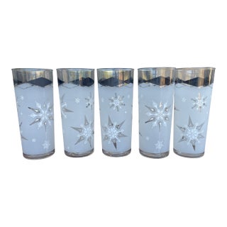 1960s Atomic Libbey Tom Collins Snowflake Black/White Diamond Frosted Glasses - Set of 5 For Sale