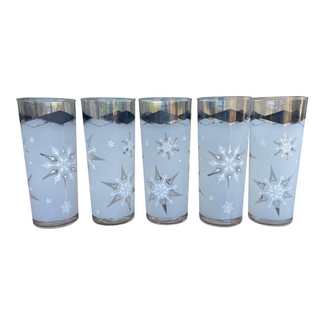 1960s Atomic Libbey Tom Collins Snowflake Black/White Diamond Frosted Glasses - Set of 5 For Sale