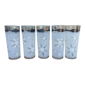 1960s Atomic Libbey Tom Collins Snowflake Black/White Diamond Frosted Glasses - Set of 5
