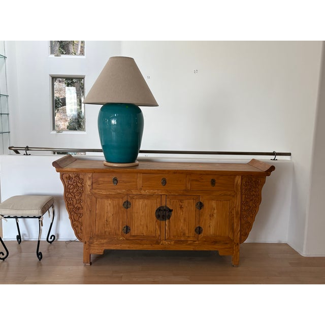 Chinese Vintage Chinese Elm Sideboard / Credenza With Hand-Carved Details For Sale - Image 3 of 3