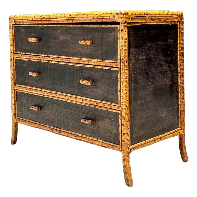 Vintage Rattan and Grasscloth Three-Drawer Dresser For Sale