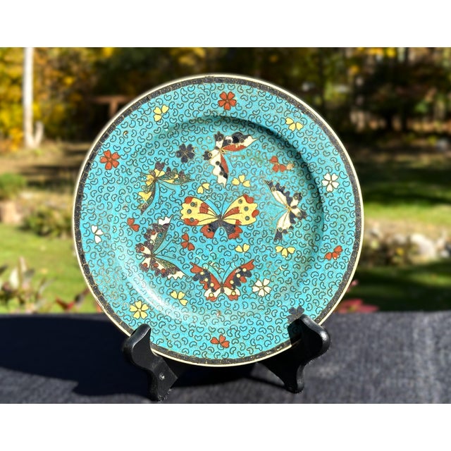 Antique Japanese totai shippo (ceramic-body cloisonné) plate, bearing a red Kinkozan mark with Japanese characters...