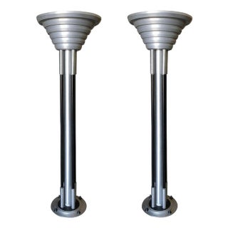1980s Large Art Deco Revival Machine Age Torchiere Floor Lamp, Pair For Sale