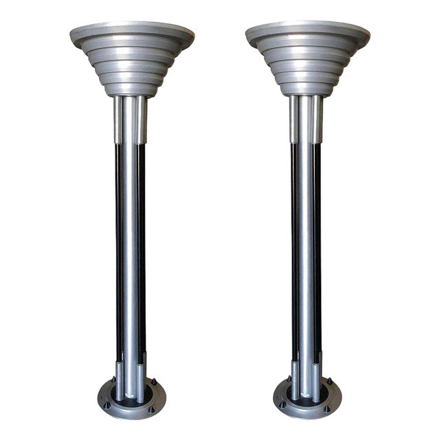 1980s Large Art Deco Revival Machine Age Torchiere Floor Lamp, Pair For Sale
