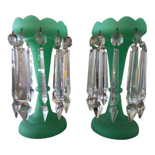 Pair of Antique Baccarat Style Lusters Jade Opaline For Sale