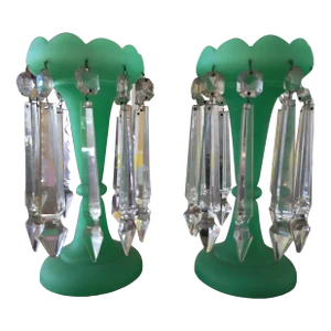 Pair of Antique Baccarat Style Lusters Jade Opaline