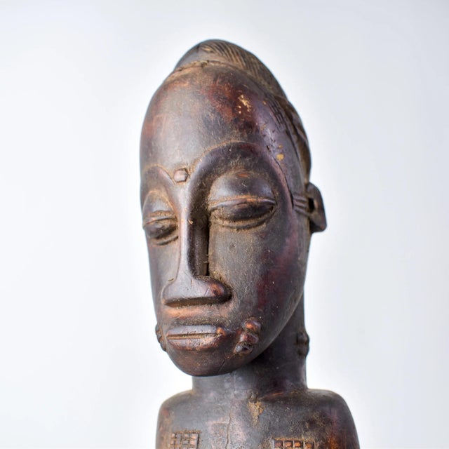 A wood-carved Baule figure with body scarification and holding its stomach. Baule wood carving is a long-standing artistic...