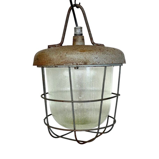 Industrial Cast Iron Cage Pendant Light from Polam, 1960s For Sale