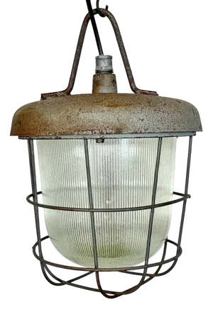 Industrial Cast Iron Cage Pendant Light from Polam, 1960s