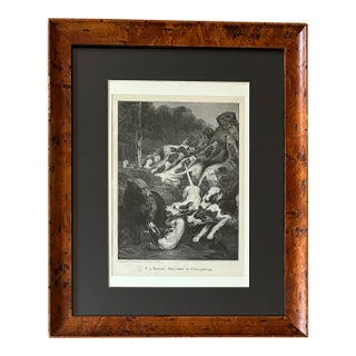 Antique German Print of Hunting Dogs and Bears in Birdseye Maple Frame For Sale
