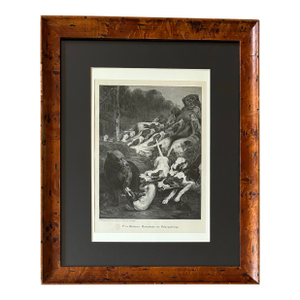 Antique German Print of Hunting Dogs and Bears in Birdseye Maple Frame
