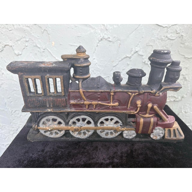 Folk Art Vintage Cast Iron Steam Locomotive Doorstop With Original Polychrome Paint For Sale - Image 3 of 10