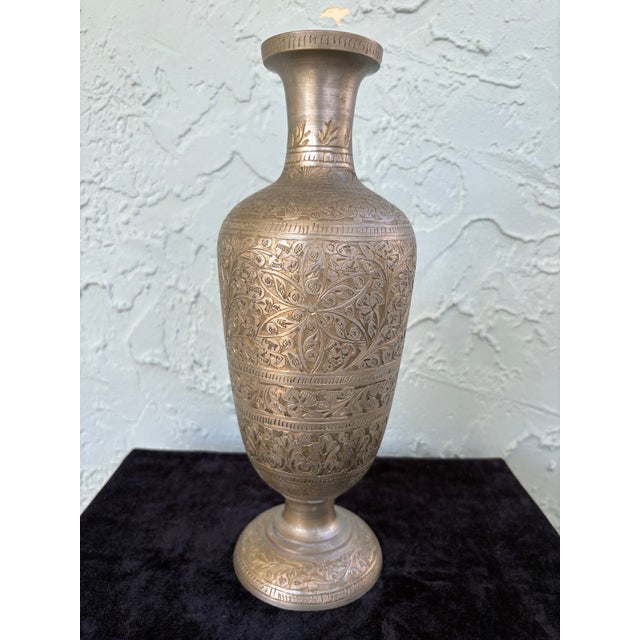 Vintage Hand-Engraved Brass Vase With Floral Motifs, Middle Eastern / Indian Style 11.5” For Sale In Orlando - Image 6 of 9