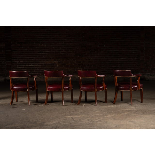 1980s Vintage Set of Four Nailhead Trim Barrel-Back Leather Armchairs in Oxblood For Sale - Image 5 of 12