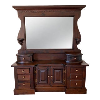 Vintage Heywood-Wakefield Dark Wood Dresser With Architectural Mirror For Sale