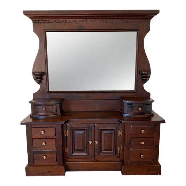 Vintage Heywood-Wakefield Dark Wood Dresser With Architectural Mirror For Sale