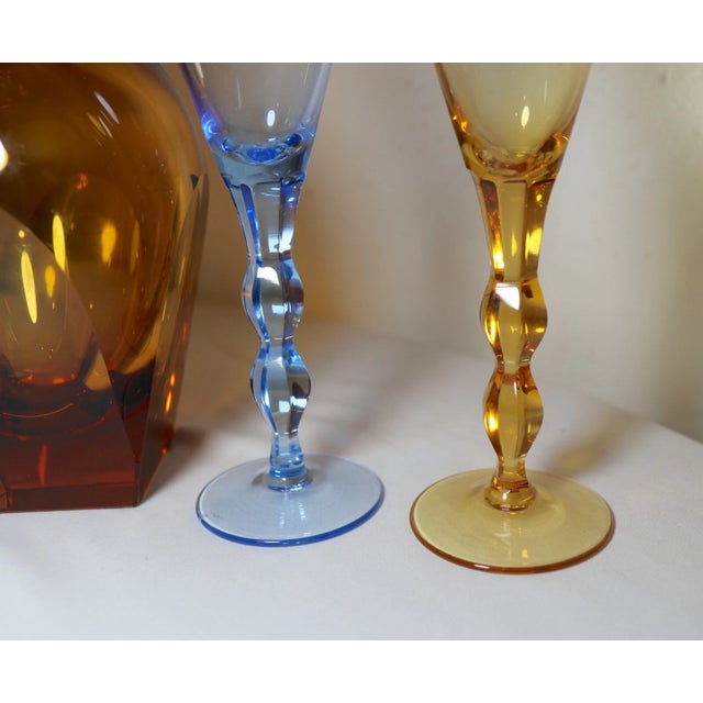 Vintage Cut Crystal Signed Moser Czechoslovakian 5 Pc Colored Glass Decanter Set For Sale In New York - Image 6 of 12