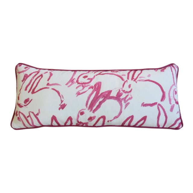 Custom-tailored pillow in designer Hunt Slonem's Lee Jofa Groundworks "Bunny Hutch" linen fabric depicting abstract pink...