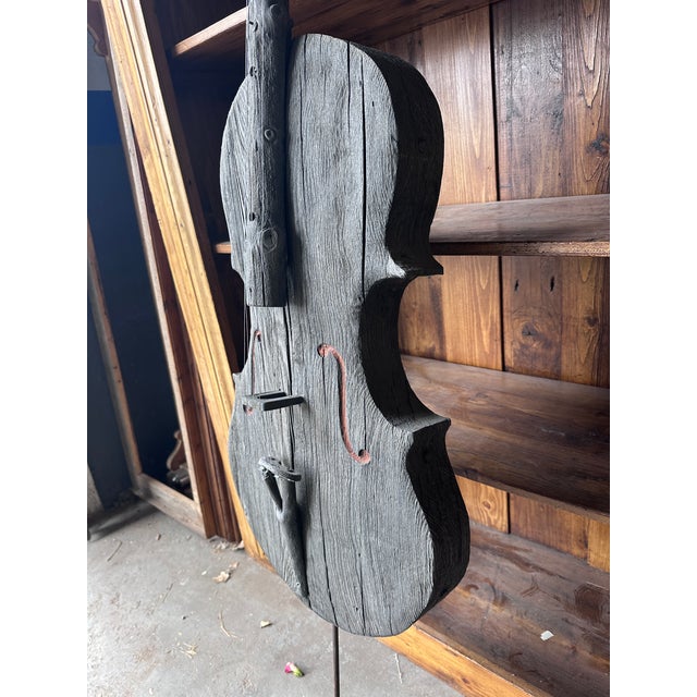 Rustic Large 67" Hand-Carved Wooden Cello Sculpture With Pinecone Tuning Pegs – Folk Art For Sale - Image 3 of 16