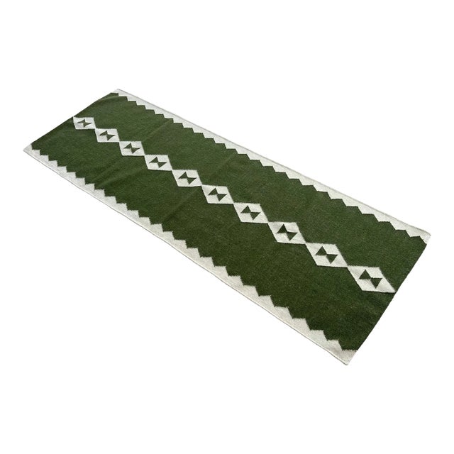 Handmade New Zealand Wool Dhurrie Runner, Olive Green and Cream Geometric Runner Rug- 3'x14' For Sale