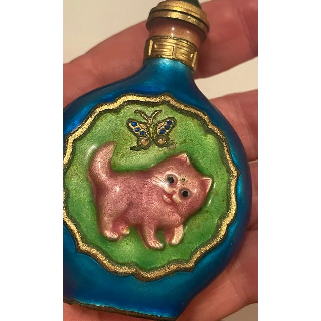 Late 20th Century Colorful Enamel Snuff Bottle Perfume W/Cat & Butterfly Pink Green Blue For Sale - Image 4 of 11
