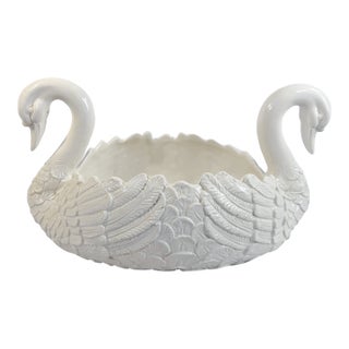 20th Century Italian White Ceramic Double Swan Centerpiece Planter For Sale