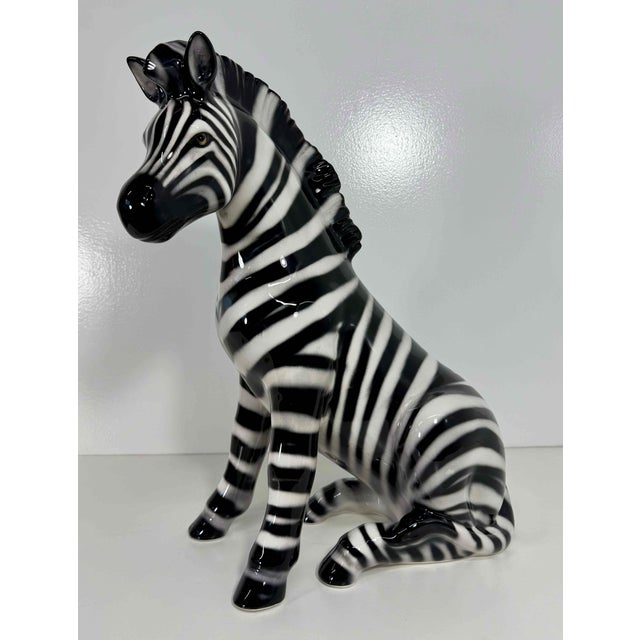 Mid-Century Modern Seated Glazed Ceramic Zebra Sculpture, Bassano, 2000s For Sale - Image 3 of 11