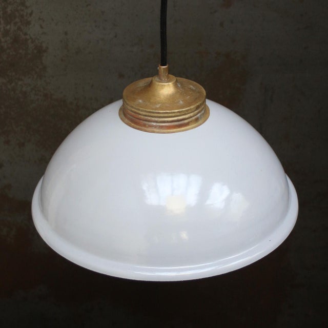Industrial Vintage Industrial Gray Enamel Pendant Lamp with Brass Top from KWE For Sale - Image 3 of 5