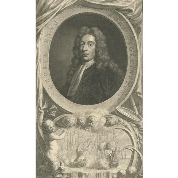 Antique print titled 'George Byng, Lord Torrington'. Portrait of George Byng, Lord Tottington, in oval surround with...