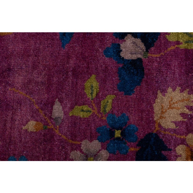 1920s Antique Chinese Art Deco Rug With Floral Branches in Magenta and Navy Blue For Sale - Image 9 of 13