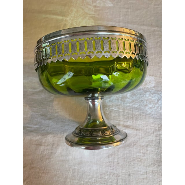 Asparagus Late 19th Century Antique English Green Glass and Pierced Silverplate Pedestal Bowl/Compote For Sale - Image 8 of 10