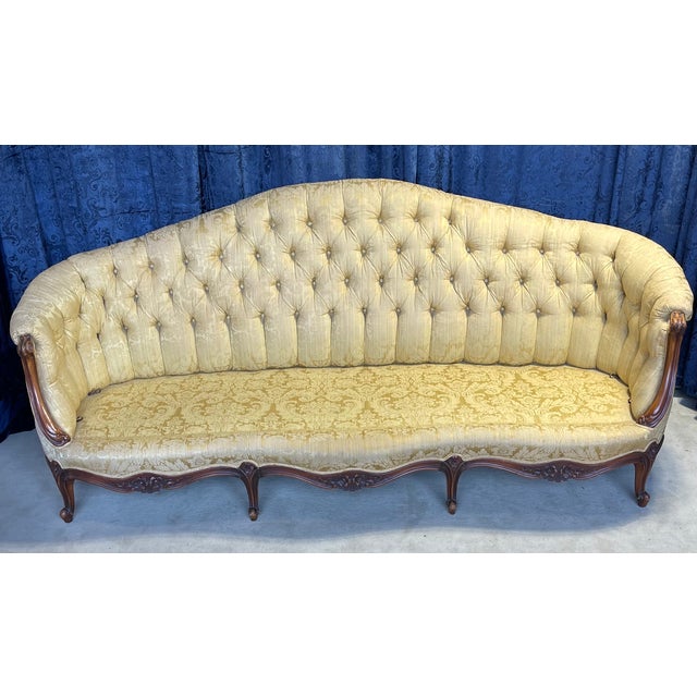Textile Vintage French Button Back Tufted Sofa With Gold Damask Fabric For Sale - Image 7 of 13