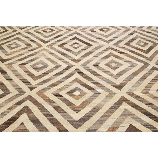 Modern Geometric Kilim Handmade Wool Rug in Beige & Brown For Sale - Image 4 of 7