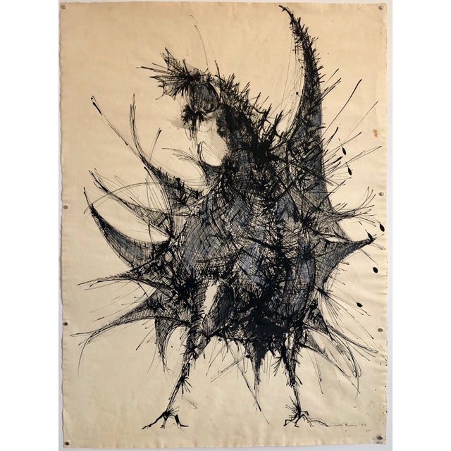 1950s Judith Brown, Large Ink Drawing Abstract Expressionist Rooster Woman Artist Judith Brown, 1957 For Sale - Image 5 of 5