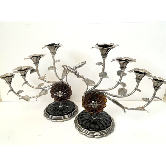 Pewter Floral Candelabra With Glass Accents, Set of Two For Sale - Image 4 of 10