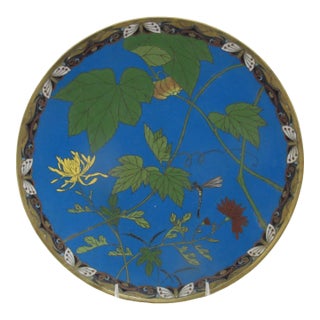 Japanese Meiji Turquoise Enamel Dragonfly & Flower Cloisonne Charger Plate For Sale