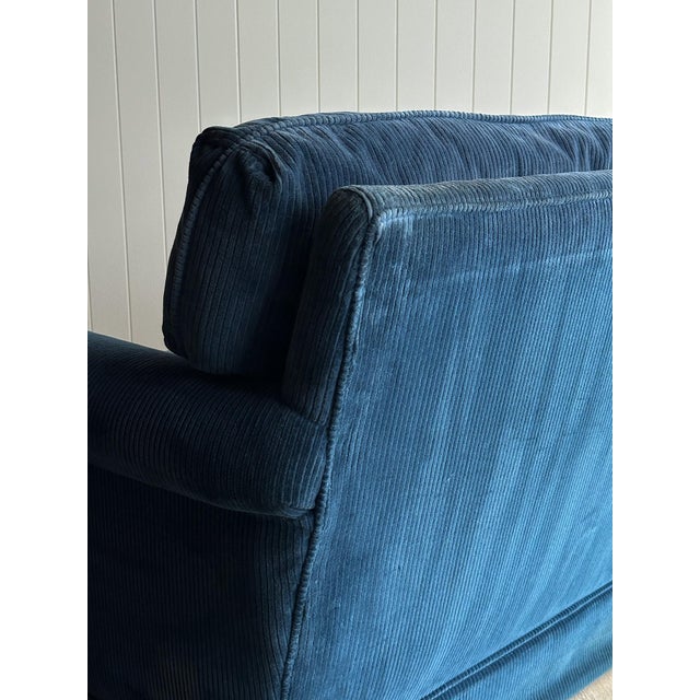1970s Vintage Blue Corduroy Sofa With Rolled Arms For Sale - Image 12 of 18