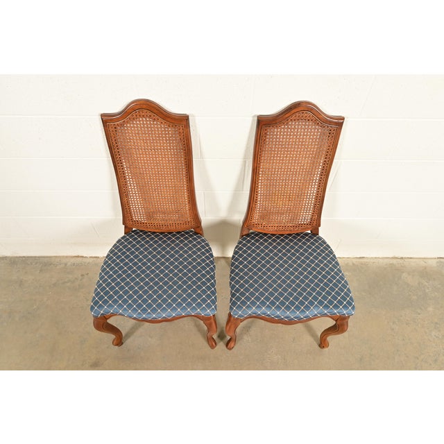 1960s Baker Furniture Style French Provincial Louis XV Carved Walnut and Cane Back Side Chairs or Dining Chairs, Pair For Sale - Image 5 of 14
