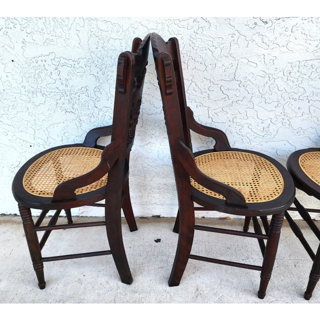 Early 20th Century Antique Eastlake Victorian Style Walnut Cane Seat Side Dining Chairs Set of 4 For Sale - Image 5 of 13