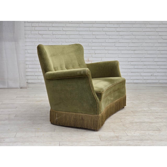 Wood Danish 2-Seater Sofa in Light Green Furniture Velour, 1970s For Sale - Image 7 of 18