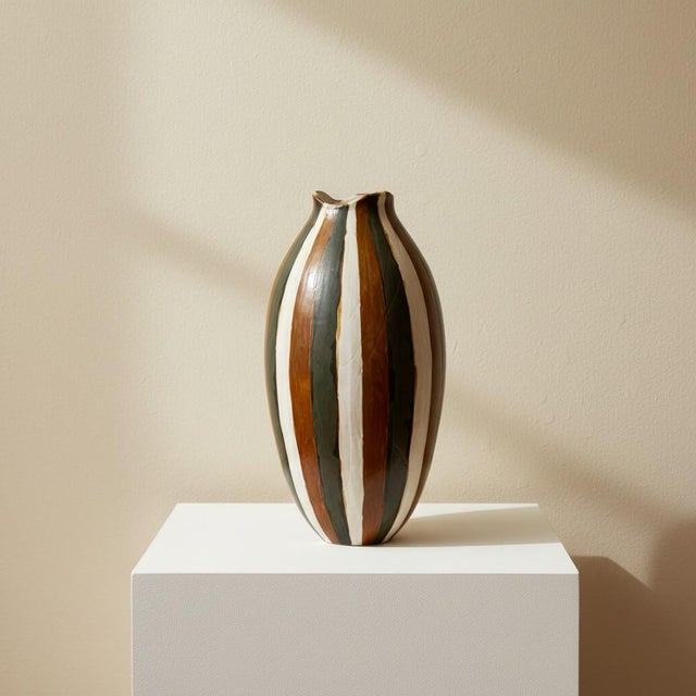 Mid Century Modern Ceramic Floor Vase-Studio Art Pottery-Brown Striped-Large-MCM For Sale - Image 4 of 11