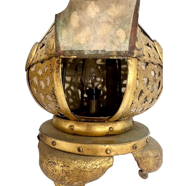 Late 19th Century Pair, Meiji Period Japanese Gilt Bronze & Parchment Pierced Lanterns Hang or Table For Sale - Image 5 of 12