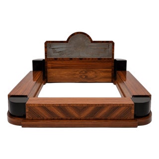 Art Deco Double Bed in Mahogany, Black Lacquer and Frosted Glass, 1930s For Sale