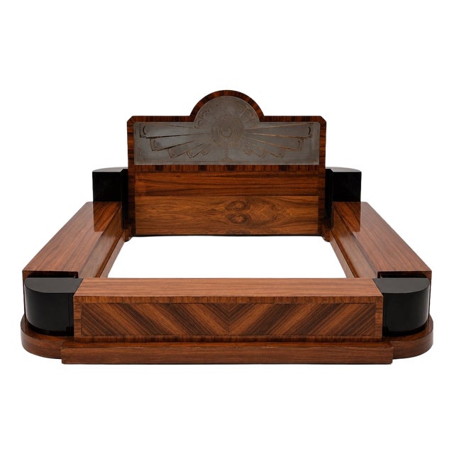 Art Deco Double Bed in Mahogany, Black Lacquer and Frosted Glass, 1930s For Sale