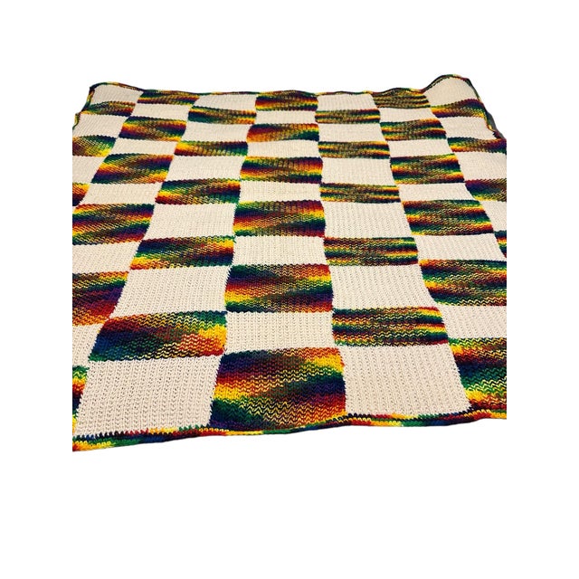 Vintage Hand Knit Grannie Square Checkered Afghan Throw For Sale - Image 10 of 11